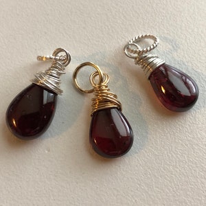 GARNET Pendant Charm, Smooth cut Pear Dangle Drop, January Birthstone Wire Wrapped Jewelry Mom Mother Bridesmaid Grandma Friend Gift gd12