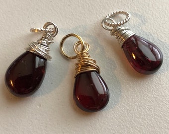 GARNET Pendant Charm, Smooth cut Pear Dangle Drop, January Birthstone Wire Wrapped Jewelry Mom Mother Bridesmaid Grandma Friend Gift gd12