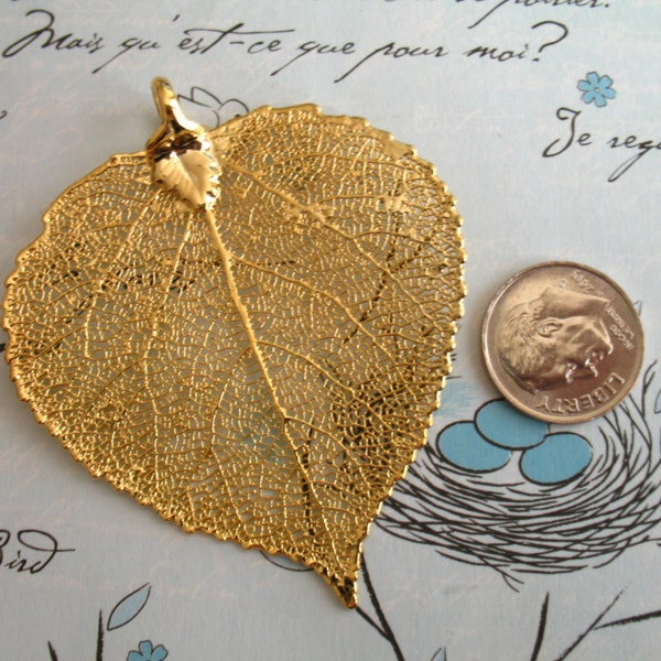 Genuine Real ASPEN Leaf Pendant Charm, Aspen Leaf Dipped in Sterling Silver or 24k Gold, 1.5-2+", LARGE, nature fall solo gdc woodland