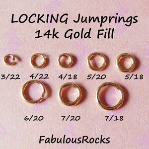 May include: A set of 10 gold-filled jump rings in various sizes, labeled with their dimensions. The jump rings are arranged in two rows on a pink background. The text "LOCKING Jumprings 14k Gold Fill" is at the top of the image. The text "FabulousRocks" is at the bottom of the image.