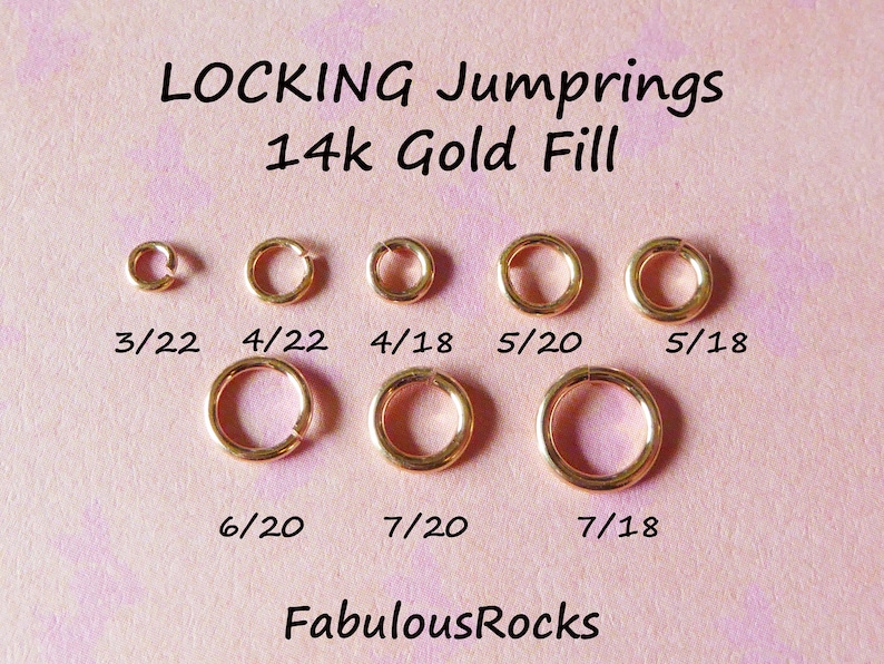 May include: A set of 10 gold-filled jump rings in various sizes, labeled with their dimensions. The jump rings are arranged in two rows on a pink background. The text "LOCKING Jumprings 14k Gold Fill" is at the top of the image. The text "FabulousRocks" is at the bottom of the image.