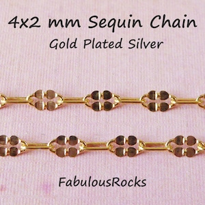 Sequin Chain Dapped Long and Short Bar Necklace Bracelet CHAIN Wholesale, 4x2 mm Gold Plated over Sterling Silver Jewelry Chain  m26 mmss