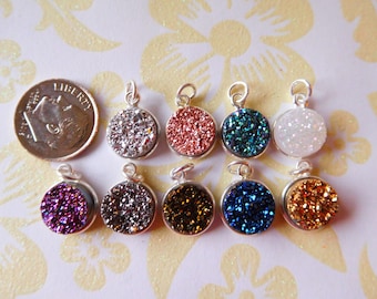 Shop Sale .. 1 2 5 pcs, Druzy Drusy Charm, 11 mm Round Druzy, pick, 24k Gold Plated or Sterling Silver, gcp10 gp ll