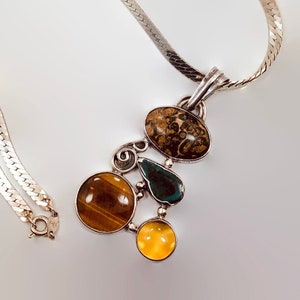 Stone Pendant, Jasper, Chrysocolla, Tiger Eye, Sterling Silver, Vintage Necklace, OOAK, Artisan, Multi Mixed Stones