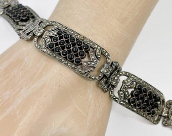 Art Deco Bracelet, Sterling Silver, Marcasite, Black Onyx