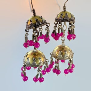 Jhumka Earrings, Middle Eastern, Old Silver, Gold Wash, Pink Glass, Vintage Earrings, Kashmir, Bell Earrings, Afghan, Pakistan Jewelry, Long