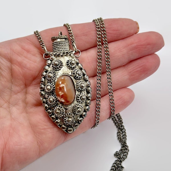 Vintage Necklace, Perfume Pendant, Ethnic, Silver, Stone, Agate, Essential Oil,  Patina, Boho, Long