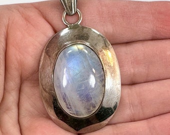 Moonstone Pendant, Sterling Silver, Large Stone, Vintage Pendant, Blue Flash, Big Statement, 2 1/2" Long, Boho, Bohemian