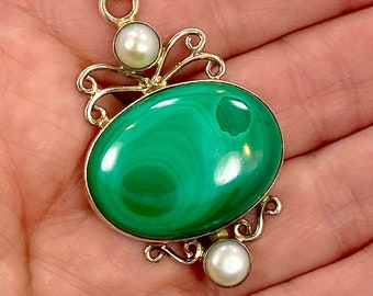 Malachite Pendant, Pearls, Sterling Silver, Vintage Pendant, Big Green Stone, Boho, Bohemian, Unique, Unusual, Big Statement, Large