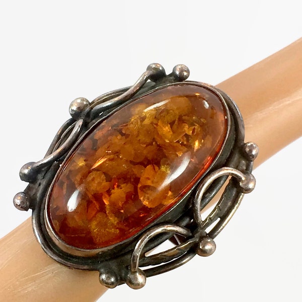 Amber Ring,Sterling Silver, Big Statement, Vintage Ring, Art Nouveau Style, Size 6, Detailed Ornate, Long Ring, Huge Stone, Honey Amber