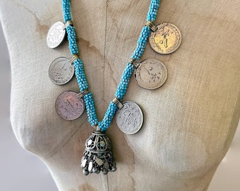 Coin Necklace, Afghan, Vintage Necklace, Middle Eastern, Beaded, Blue, Kuchi Jewelry, Banjara, Turkomen, Boho