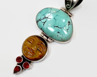 Moon Goddess Pendant, Turquoise, Tiger Eye. Garnet, Sterling Silver, Vintage Pendant, Man-In-The-Moon, Full Moon, Carved Stone, Mixed Stones