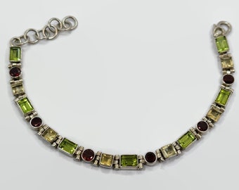 Gemstone Bracelet, Citrine, Garnet, Peridot, Sterling Silver, Links, Linked, Vintage Bracelet, Rainbow,  Mixed Stones