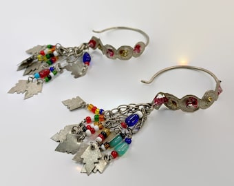Hoop Earrings, Afghan, Old Silver, Middle Eastern, Vintage Earrings, Charms, Dangles, 3" Long, Pakistan, Pierced