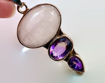 Rose Quartz Pendant, Amethyst, Sterling Silver, Designer, Charles Albert, Vintage Pendant, Pink Pendant, Gemstones