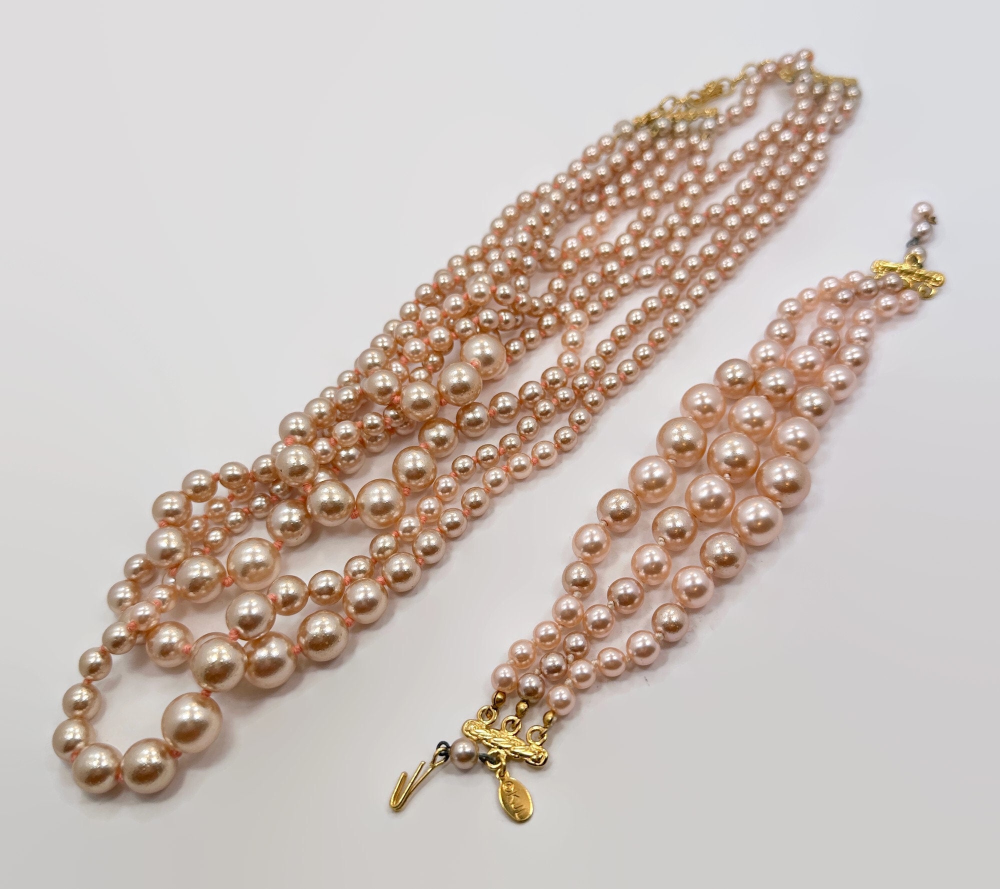 KJL Glass Pearls, 5 Strand, Pearl Necklace, Bracelet KJL Glass Pearls, 5 Strand, Pearl Necklace, Bracelet