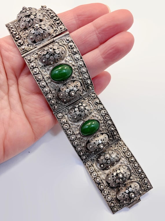スワロフスキー✳️廃盤 boali antique green シルバー925 Vintage Art Deco Sterling Silver Panel Bracelet, Jerusalem 935