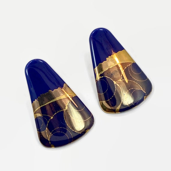 Cobalt Blue Earrings, Gold, Abstract, Porcelain, … - image 2