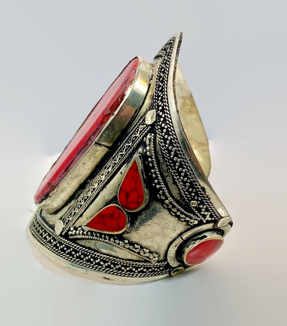 Red Bracelet, Jasper, Silver, Afghan Cuff, Vintag… - image 4