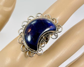 Anneau de Lapis Lazuli, anneau de lune, argent sterling, croissant de lune, artisan, taille 6, anneau de déclaration, 1 1/4" de long, anneau de Lapis, lune bleue