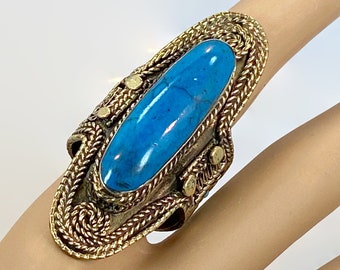 Tibetan Ring, Blue Stone Ring, Nepal Jewelry, Statement, Massive, Size 10, Big, Composite Blue Stone