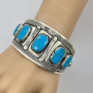 Turquoise Bracelet, Kuchi Cuff, Afghan, Boho,  Vintage, Middle Eastern, Silver Cuff, Silver, Composite Stone, Wide, Afghan, Ethnic, Tribal