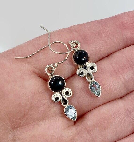 Black Onyx Earrings, Blue Topaz, Blue Stone, Ster… - image 3