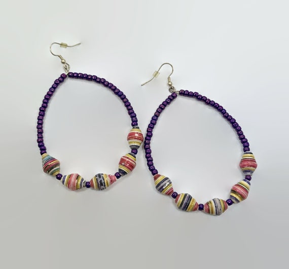 Purple Earrings, Huge, Paper Beads, Handcrafted, … - image 3
