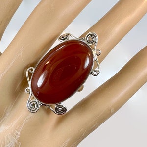 Karneolring, sterlingsilver, lång, oval, stor sten, stort statement, storlek 5