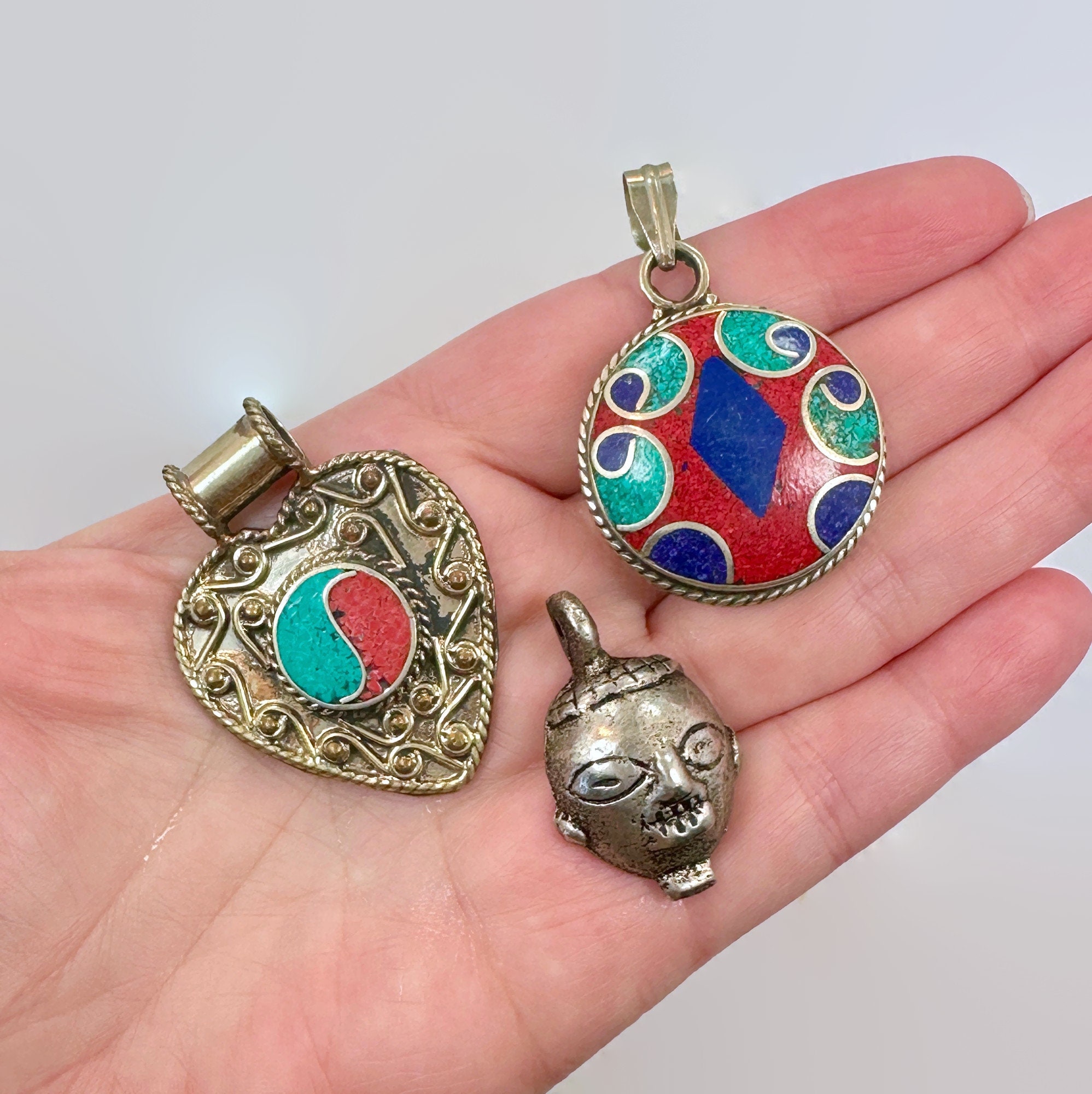 Tibetan Pendants Lot of 2 Turquoise Red Coral Lapis