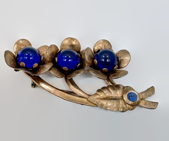 Flower Brooch, Blue Lucite, Copper Tone, 40s, 50s… - image 2