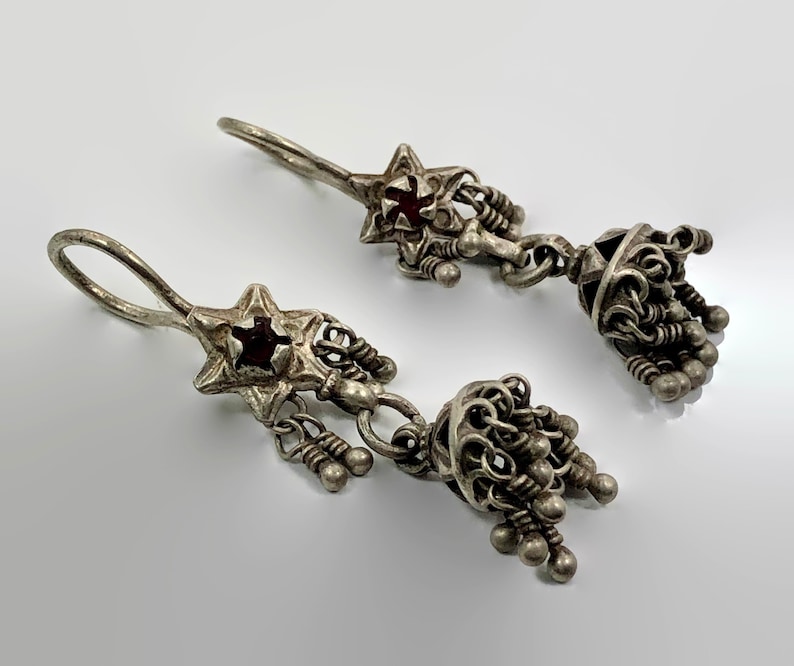 Red Jewels Tassels Earrings Afghan Middle Eastern Earrings Kashmir Jhumka Old Silver Pakistan