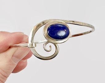 Blue Lapis Bracelet, Blue Lazuli Stone, Sterling Silver, Artisan, Bangle, Handcrafted, Vintage Bracelet, Hinged