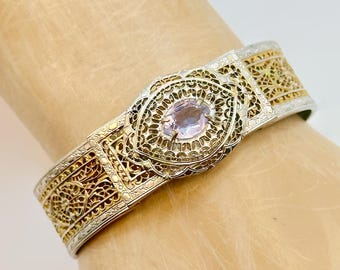 Art Nouveau Bracelet, Filagree, Art Deco, Gold, Silver, Two Tone, Blue, Ornate, Faceted Glass, 20s, 30s, Vintage, Small Wrist