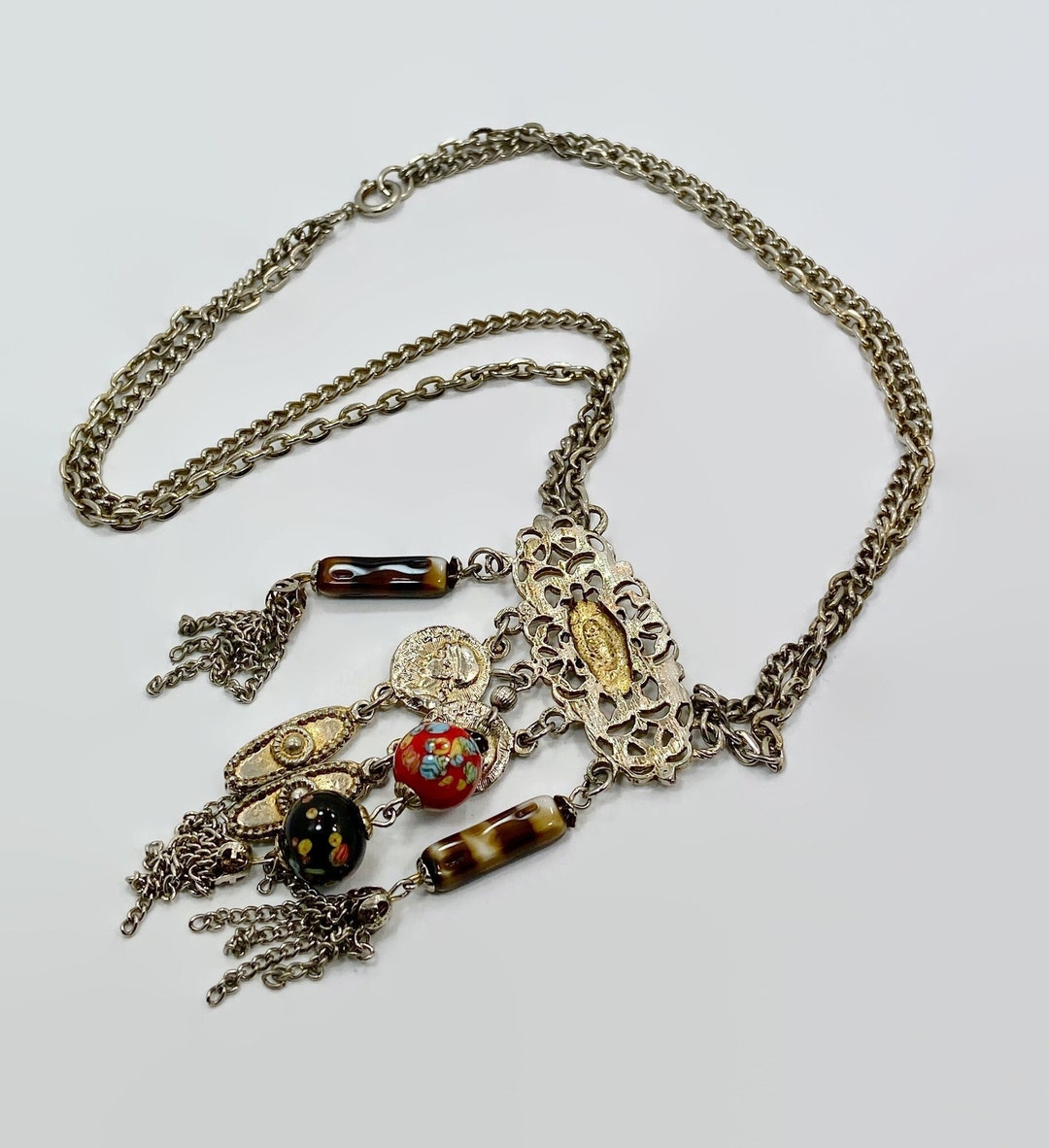 Boho Necklace, Unique, Tassels, Glass Beads, Faux Coins, Dangle ...