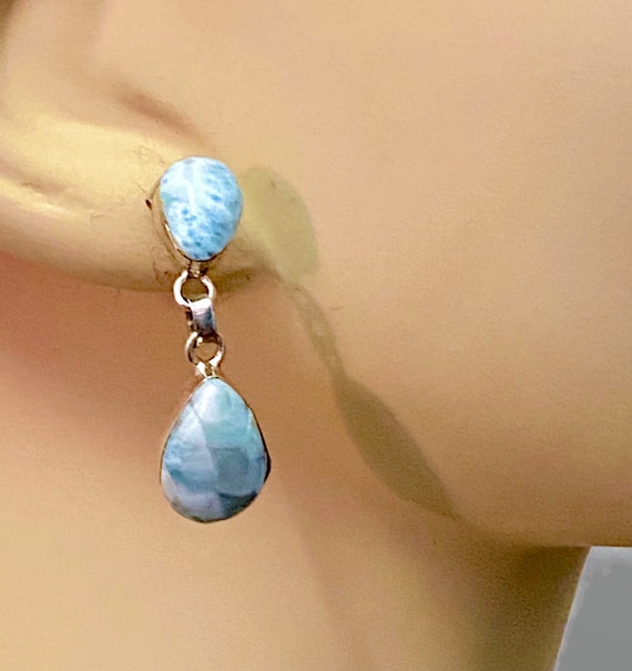 Larimar Earrings, Blue Stone, Sterling Silver, Vi… - image 1