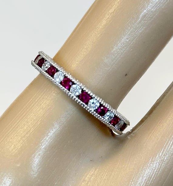 Art Deco Ruby Ring: Sterling Silver CZ Band, Size… - image 1