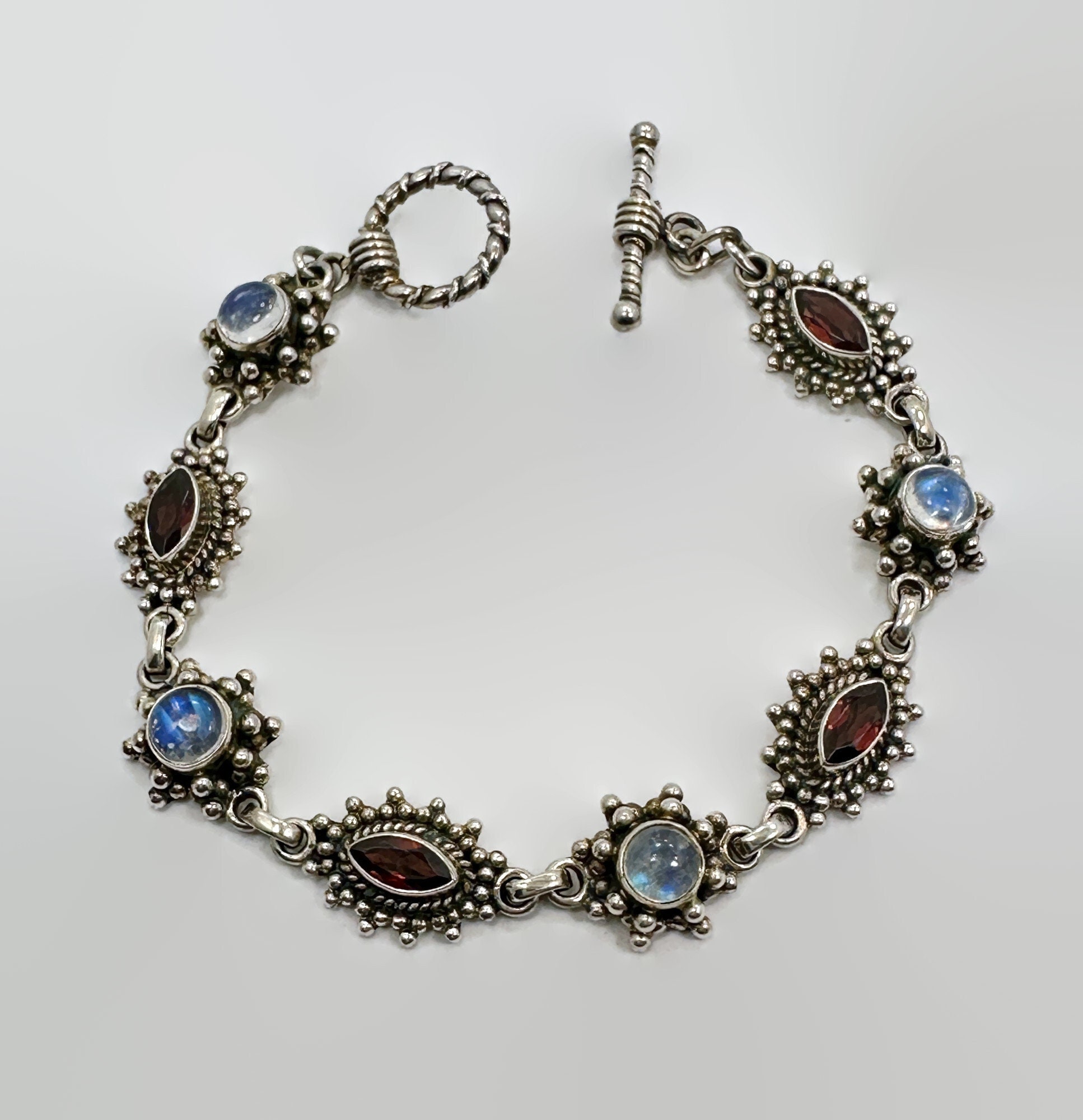 Moonstone Bracelet, Garnet, Sterling Silver, Designer