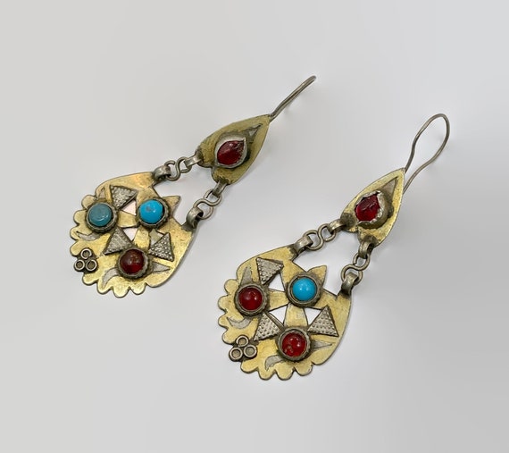 Middle Eastern Earrings, Old Silver, Gold Wash, V… - image 3