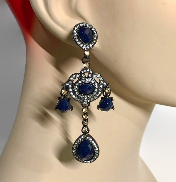 Black Earrings, Rhinestone, Navy Blue, Acrylic Je… - image 1