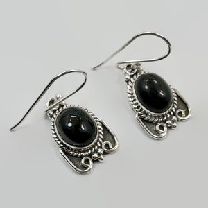 Black Onyx Earrings, Sterling Silver, Pierced, Dangle Earrings, Black Stone, Ear Wires, Boho