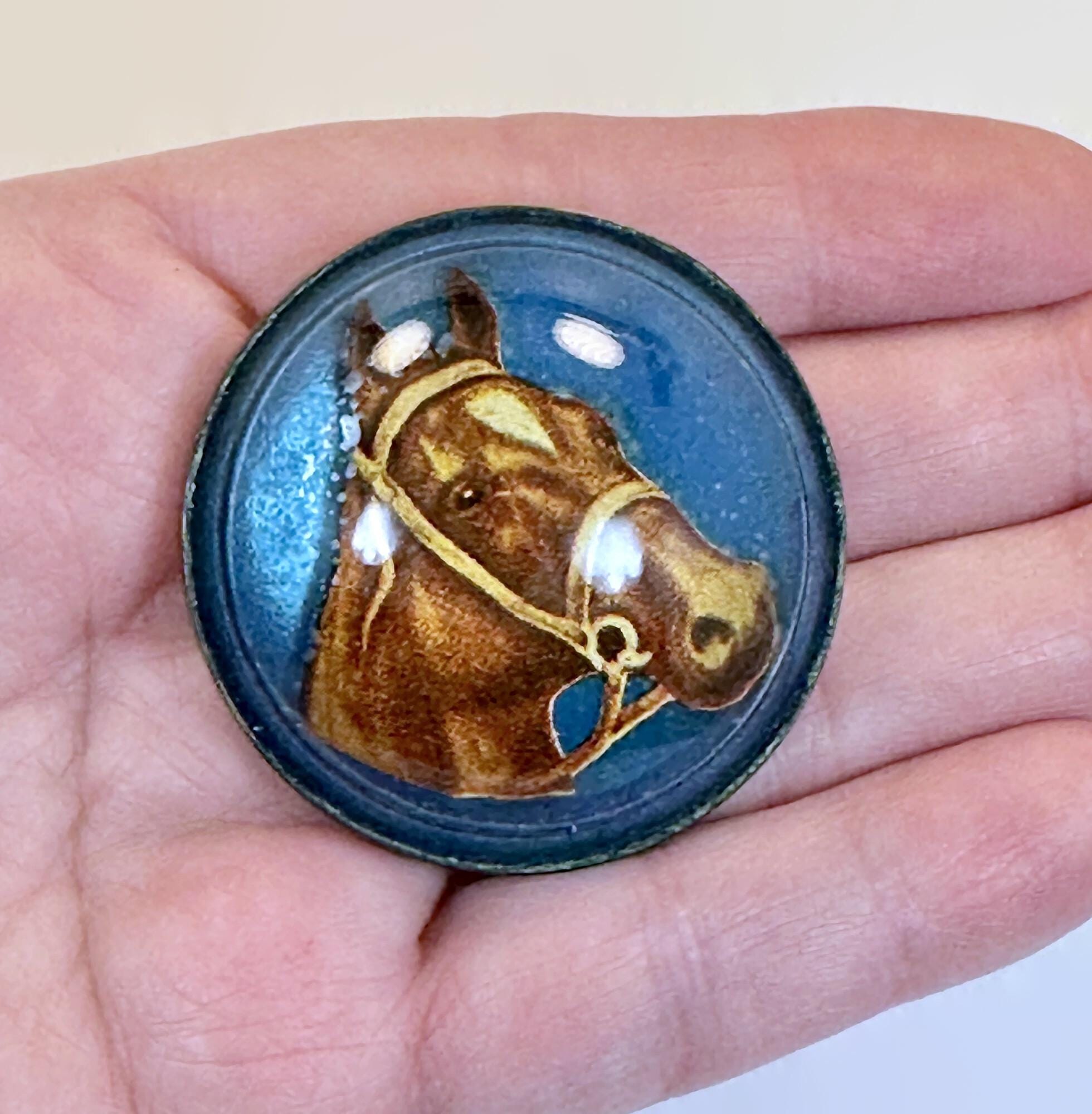 Horse Brooch, Bridle, Rosette, Glass, Vintage, Equestrian, Horse