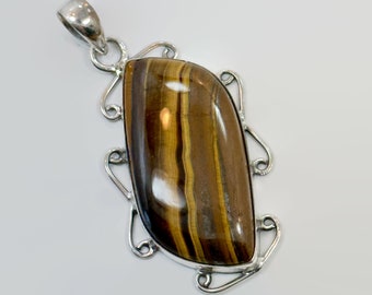 Tigers Eye Pendant, Sterling Silver, Vintage Pendant, Big Stone, 2" Long, Large, Brown Stone