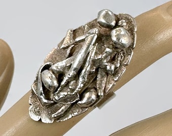 Brutalist Ring, Organic, Sterling Silver, Vintage Ring, Abstract, Pinky Ring, Size 4 3/4, OOAK,  Modernist, Rustic, Fuzed Sterling, Long