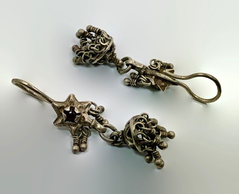 Red Jewels Tassels Earrings Afghan Middle Eastern Earrings Kashmir Jhumka Old Silver Pakistan