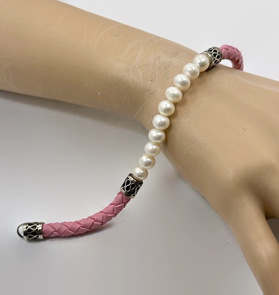 Pearl Bracelet, Sterling Silver, Pink Leather, Cu… - image 3