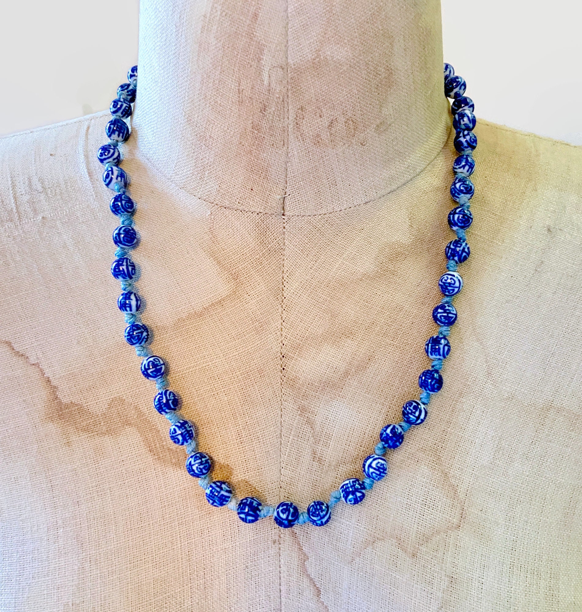 Vintage Blue White Porcelain Beaded Necklace: Hand Knotted Asian