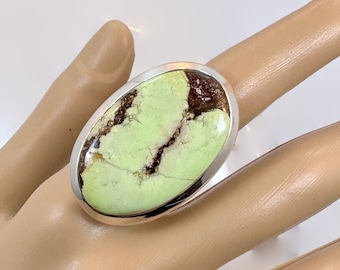 Lemon Chrysoprase Ring, Sterling Silver, Big Stone, Size 7, Handcrafted, 1 1/2" Long, Statement Ring, Stone Ring, Yellow Green Stone, Brown