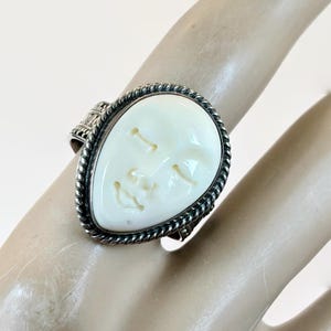 Vintage Ring, Goddess, Face, Carved Bone, Sterling Silver, Size 8