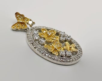 Butterfly Pendant, Sterling Silver, CZ, Sparkling Flowers, Gold Accents, Vintage, Faux Diamonds, Ornate, Intricate